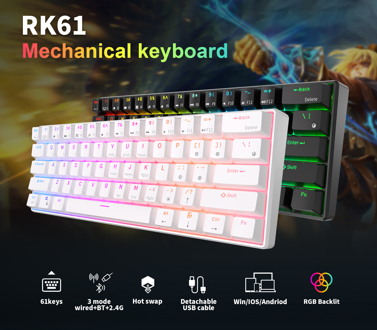 RK61 Royal Kludge Wireless Mechanical Keyboard Tri-Mode Bluetooth  5.0/2.4G/USB-C RGB Backlit 61 Key Hot-Swappable Gamer Keyboard