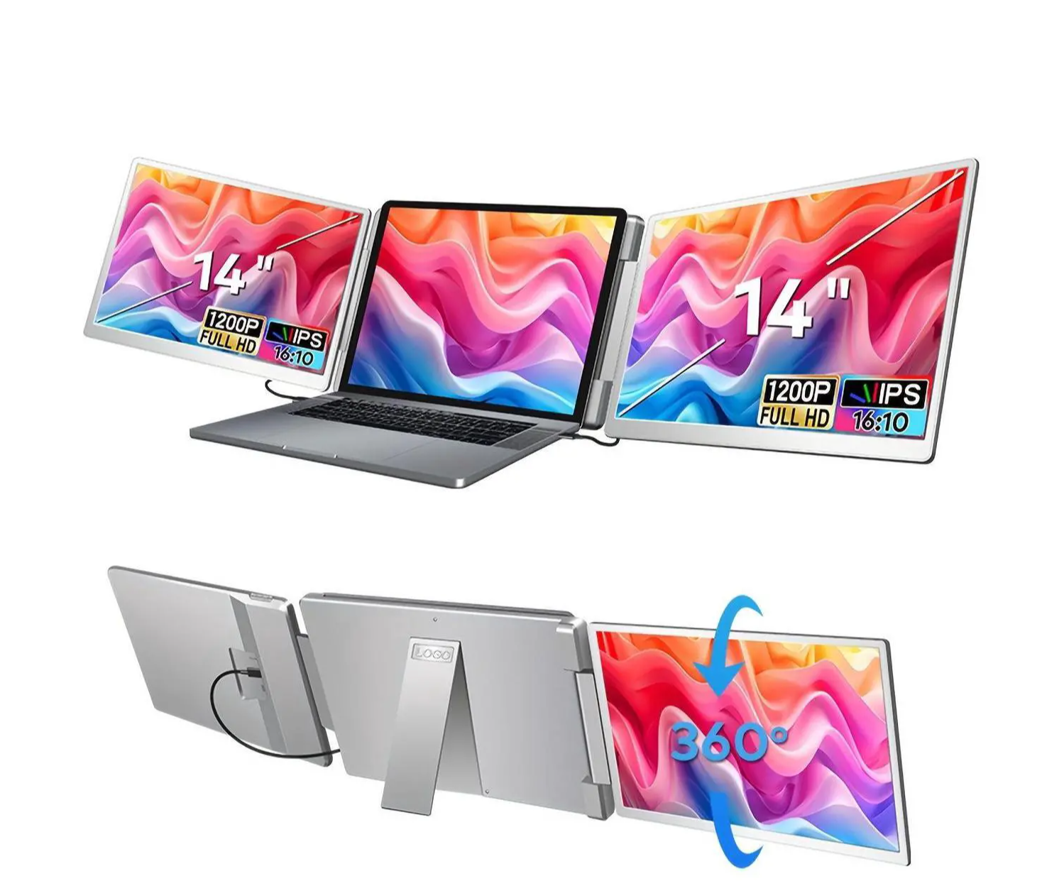 14 inch portable monitor Laptop Screen Extender 16:10, Tri-Screen Portable Monitor with two 14 inch