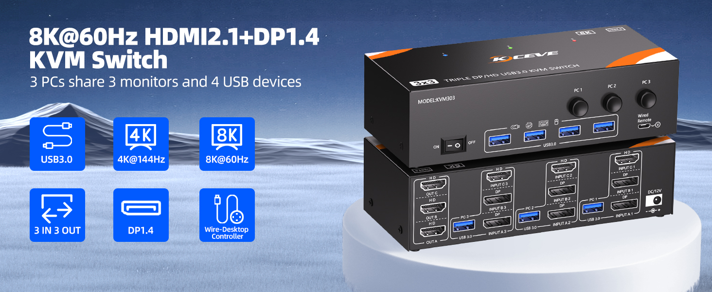8K@60Hz KVM switch 3 PCs share 3 monitors and 4 USB devices