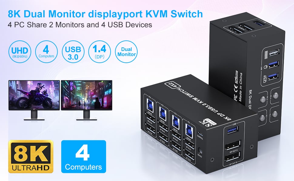 8K@60H 4 Port Displayport USB 3.0 Dual Monitor KVM Switch 4 computers share 2 monitors and 4 USB3.0