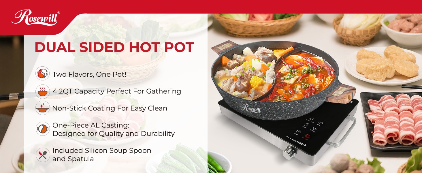 Rosewill 4.2QT Double Flavor Non-sticking Shabu Shabu Hot Pot with Divider - Dark Gray