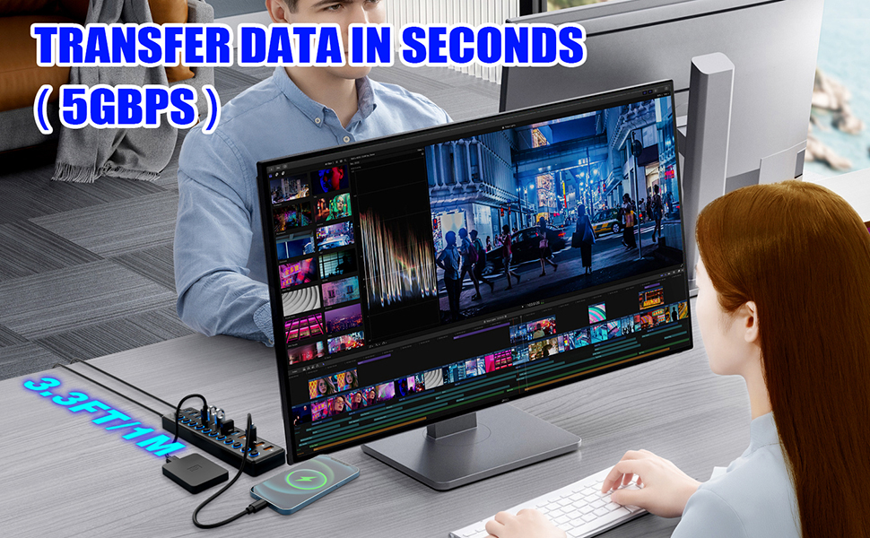 11 Port USB Hub 3.0, Powered USB Splitter Includes 7-Port USB-A Data Transfer with 5Gbps