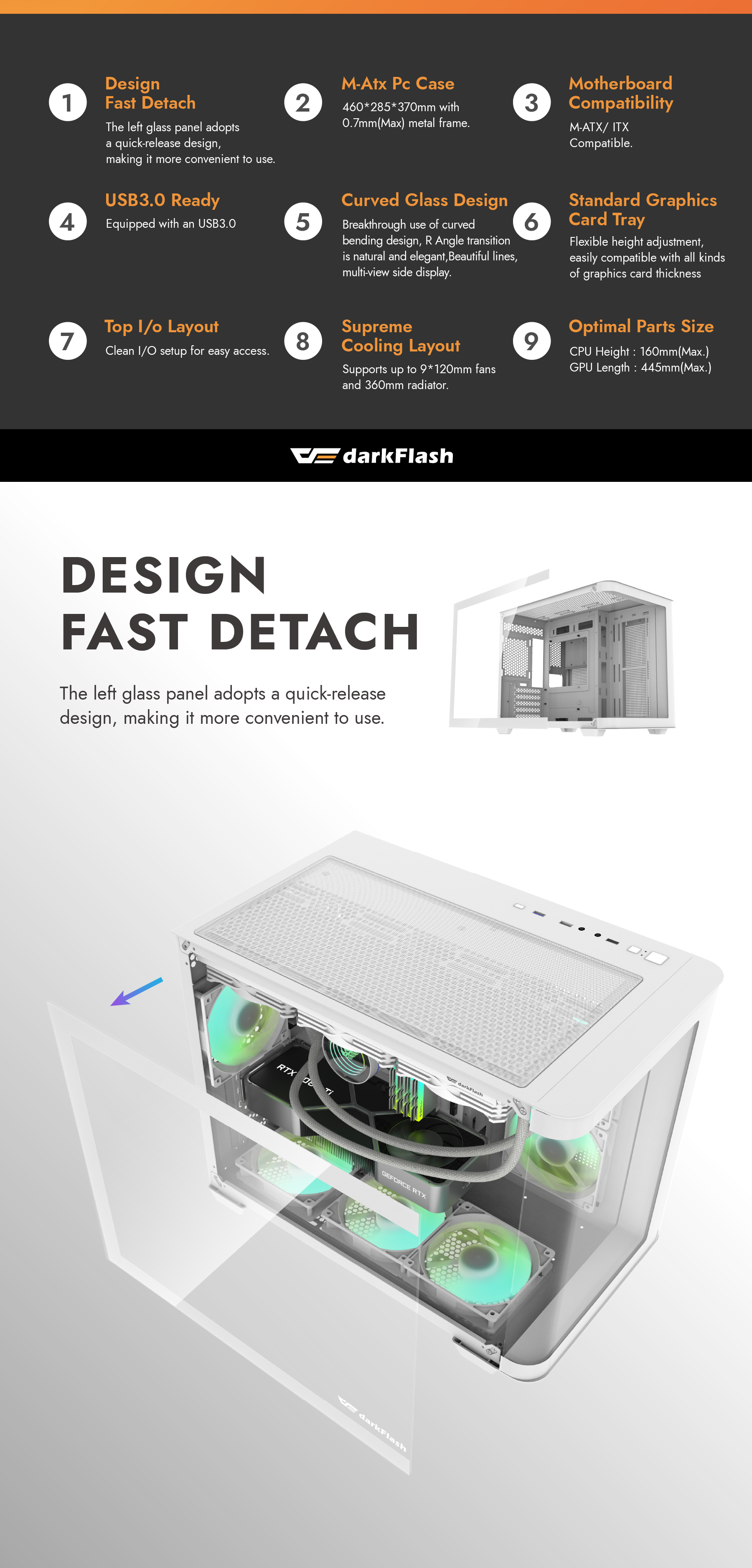 darkFlash DPW90M,Micro-ATX PC Gaming Case,3×Pre-Installed ARGB PWM Fans,Panoramic Dual Curved Temper