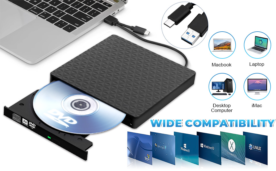 External CD DVD Drive, Slim CD DVD Rw Reader Disk Drive Portable DVD Player, USB 3.0 and Type-C Opti