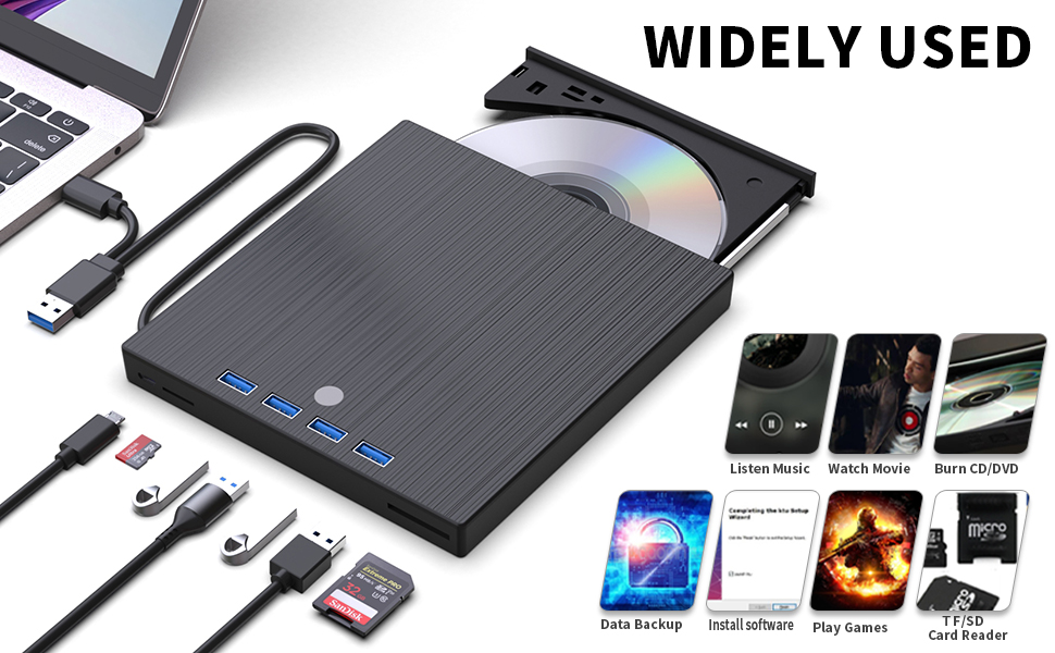 External CD DVD Drive, 7 in 1 USB 3.0 and Type-C Disc Reader Writer Burner Player,Slim and Portable