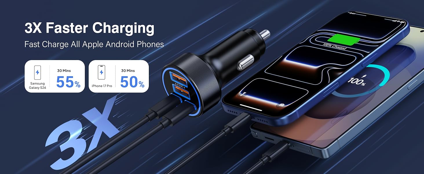 4-Port 90W Car Charger USB C, Super Fast 4-in-1 Cigarette Lighter Adapter Multiport Car Phone Charge
