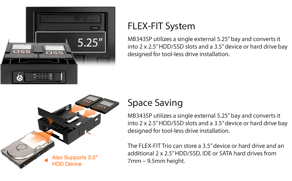 Shinkan folder narre ICY DOCK Dual 2.5 SSD 1 x 3.5 HDD Device Bay to 5.25 Drive Bay Converter /  Mount / Kit / Adapter - FLEX-FIT Trio MB343SP - Newegg.com