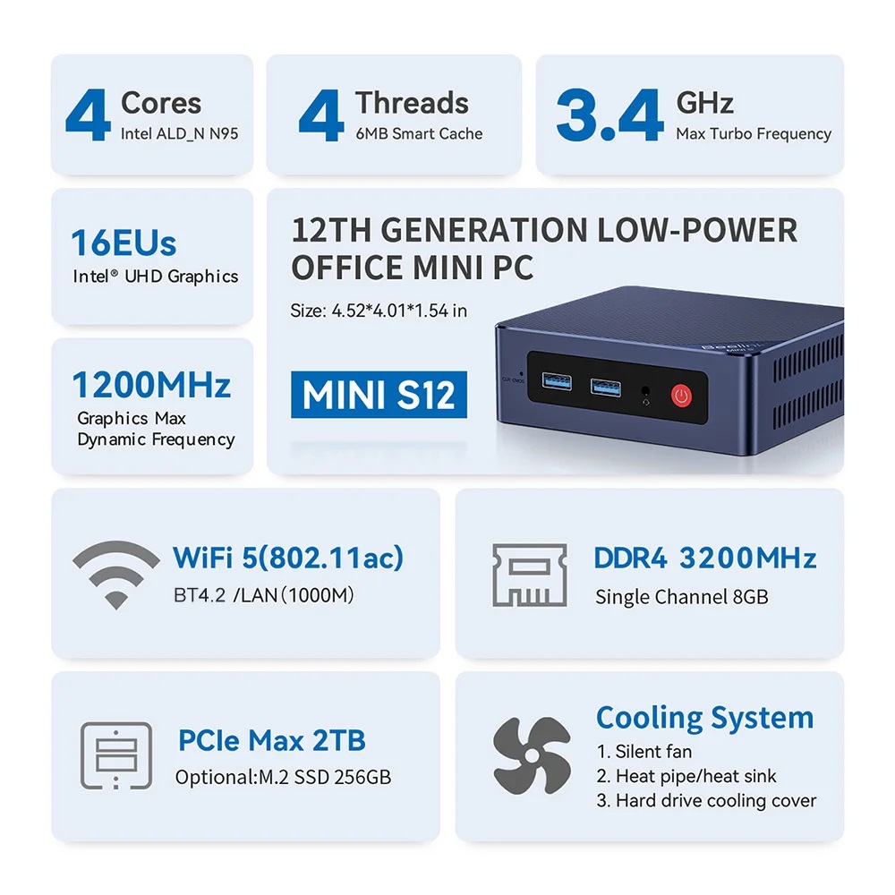 Beelink Mini S12 Pro Intel N95 (Up to 3.4GHz), 16GB DDR4 RAM 512GB