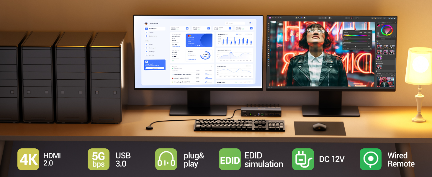 4 Port HDMI KVM Switch 2 Monitors 4 Computers 4K@60Hz EDID Simulation Dual Monitor KVM Switch with 4