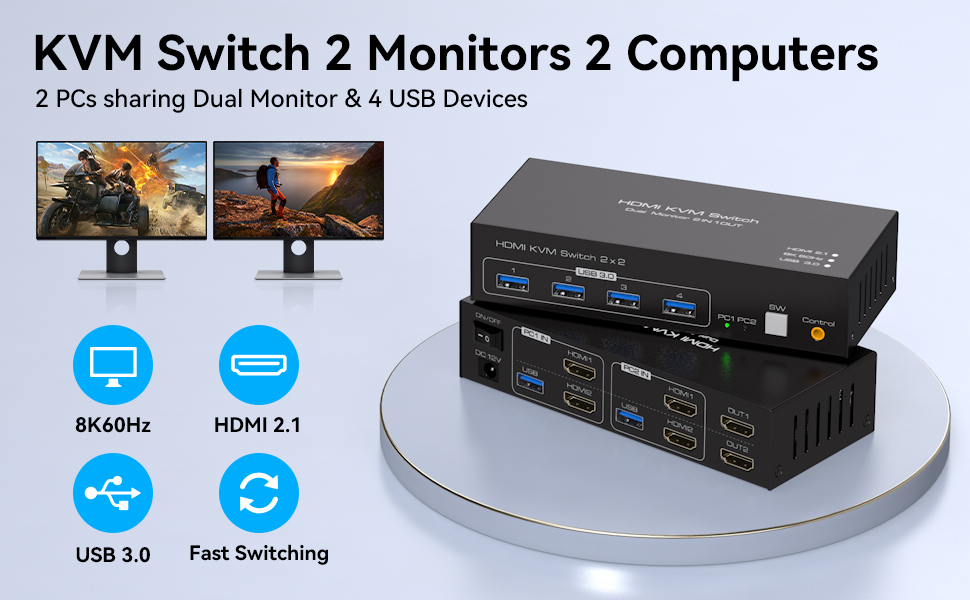 8K@60Hz HDMI KVM Switch 2 Monitors 2 Computers, 4K@120Hz HDMI KVM Switches for 2 Computers Sharing D