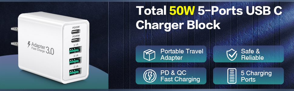 2-Pack USB C Wall Charger, 50W 5-Port USB C Charger Block, Fast Charging Block 2 USB C+3USB A Wall P