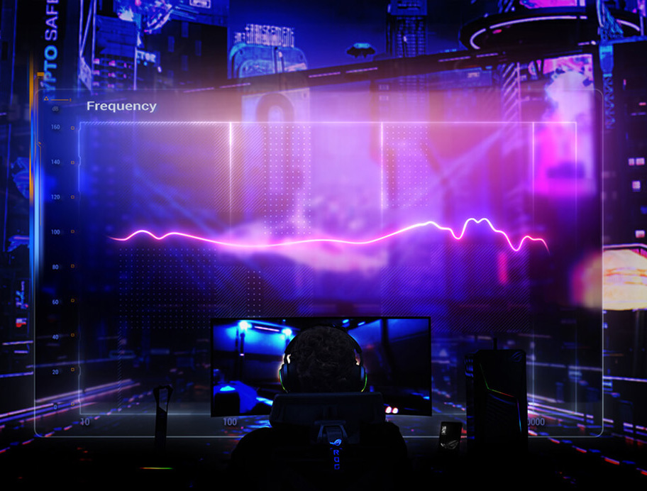 A man at a gaming desk wearing the ROG Delta II with cyberpunk city background and a frequency chart highlighting balanced audio