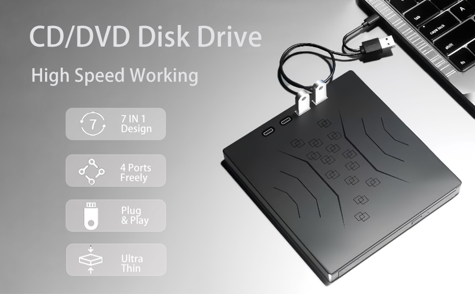 USB 3.0 & USB C 7 in 1 External CD DVD Drive, Portable CD/DVD +/-RW Burner for Laptop & Desktop - Pl