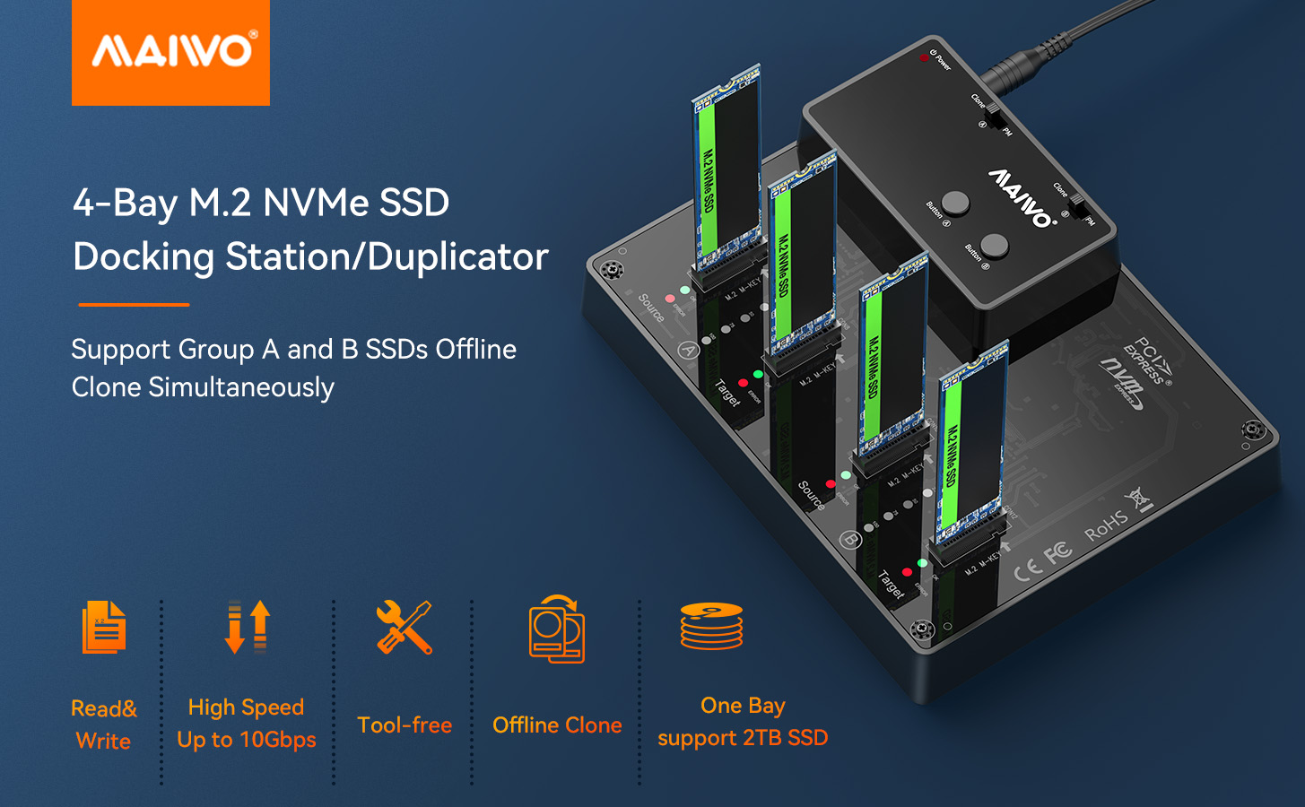 MAIWO 4 Bay M.2 NVME SSD Docking Station External Hard Drive