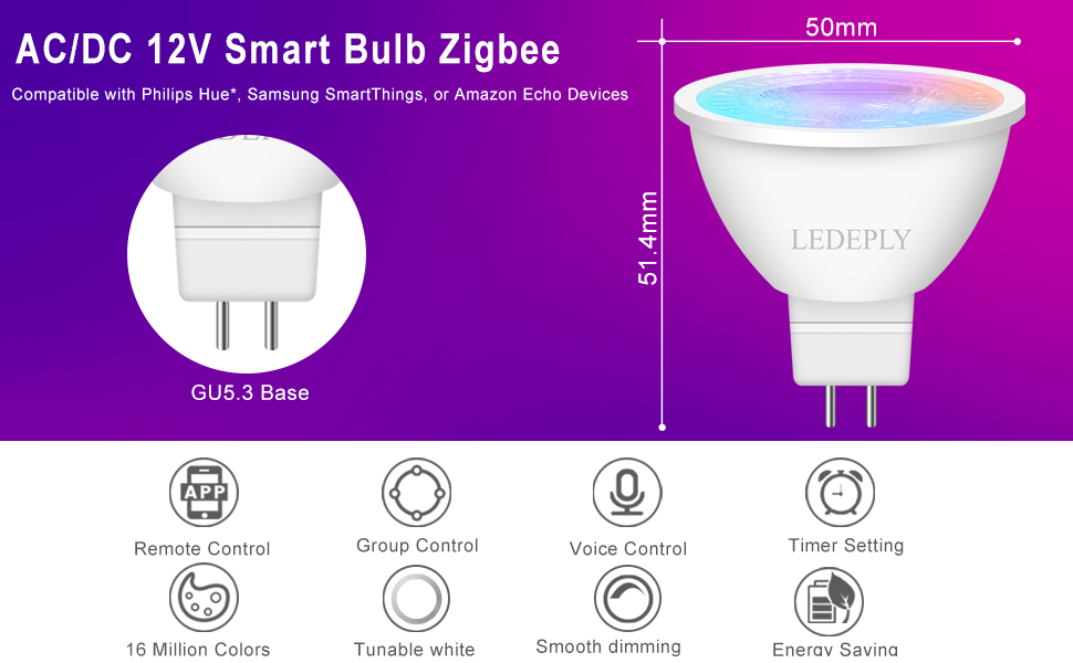 har taget fejl indgang Uretfærdig Zigbee MR16 Smart Bulbs, Compatible with Hue*, Alexa, Google & ConBee (Hub  Required), 5W, GU5.3 LED WiFi Bulb, 5W(50W), Dimmable LED AC/DC 12V, Color  Changing &Tunable White, 2 Pack LEDEPLY Smart Plug
