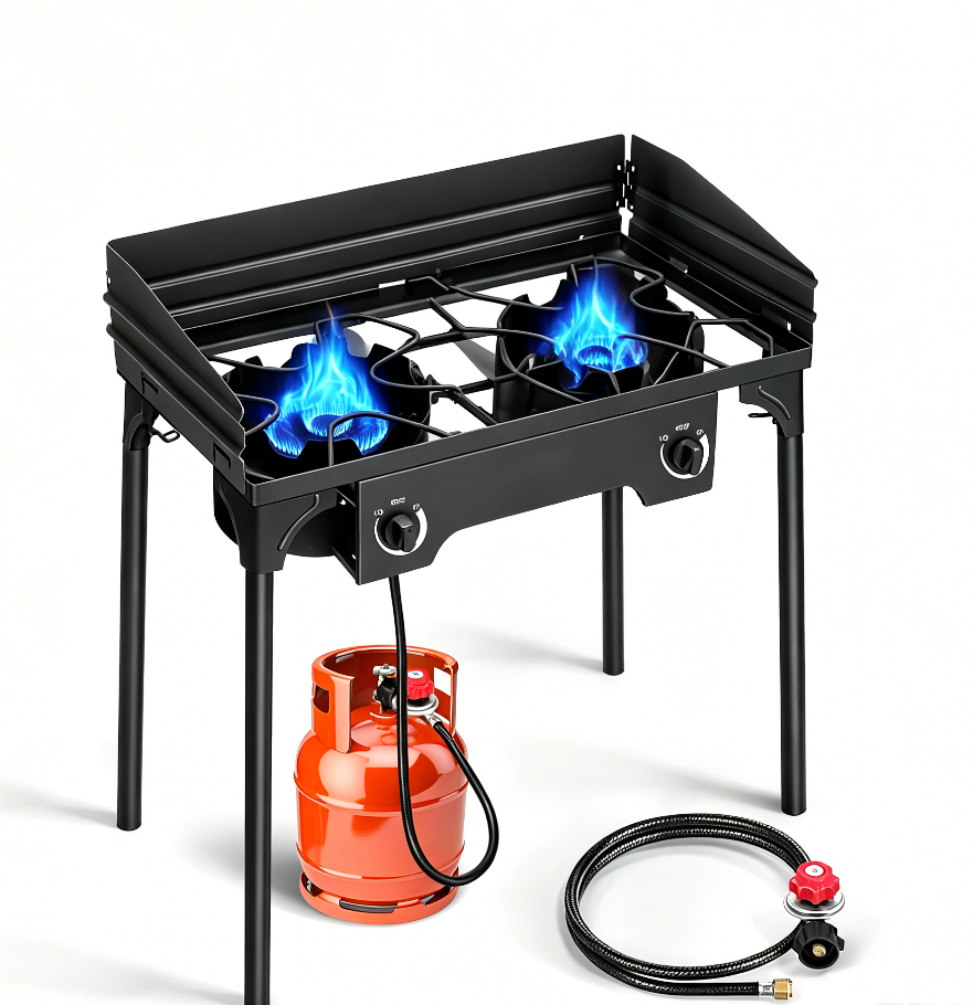 `2 burner propane camping stove, outdoor gas cooker, freestanding camp stove`