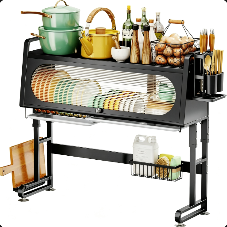Over Sink Dish Drying Rack with Dust Cover, Adjustable Large Kitchen Sink Dish Rack, Kitchen Counter