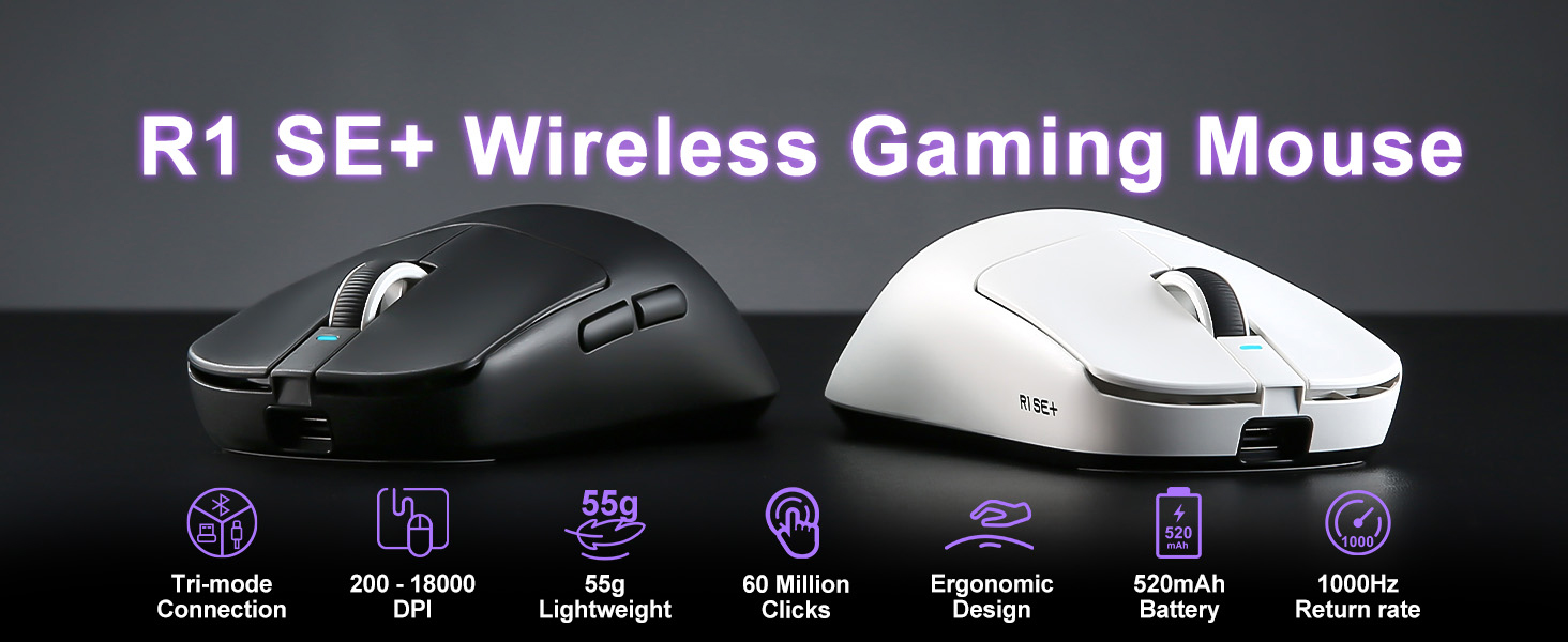 Wireless Gaming Mouse, 18000 DPI, High-Precision PAW3395 SE Sensor,55g Lightweight, Tri-Mode 2.4G/BT