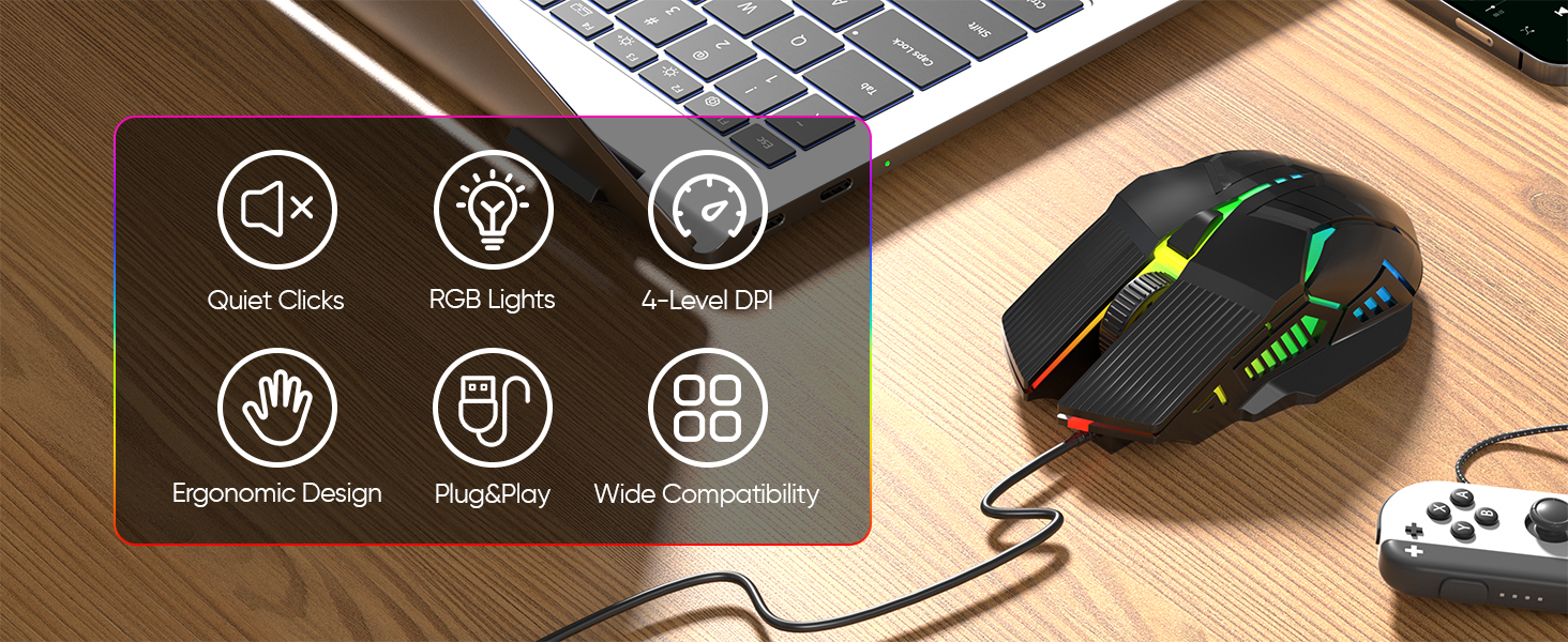 Wired Gaming Mouse - Lightweight USB Optical Computer Gaming Mice with 7-Color RGB LED Lights, 4 Adj