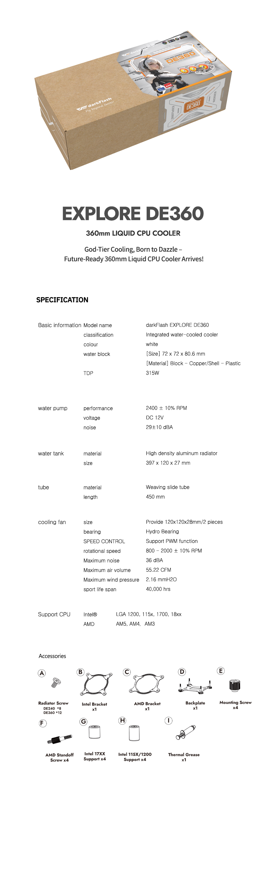 darkFlash DE360 360mm AIO Liquid CPU Cooler 2.88" IPS Display 5V ARGB Lighting Copper Water