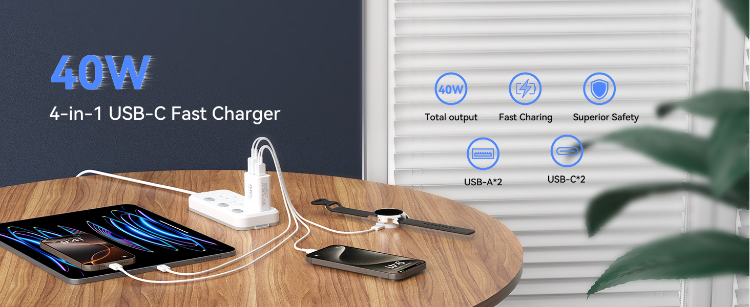 [2 PACK] USB C Wall Fast Charger Block, 40W 4-Port Type C Charger Fast Charging Blocks PD Power Char