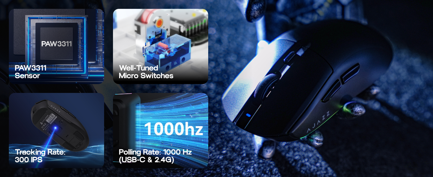 AJ139 V2 MC Gaming Mouse with Charging Base, Adjustable 12,000 DPI, PAW3311 Sensor, 3 Modes Wireless