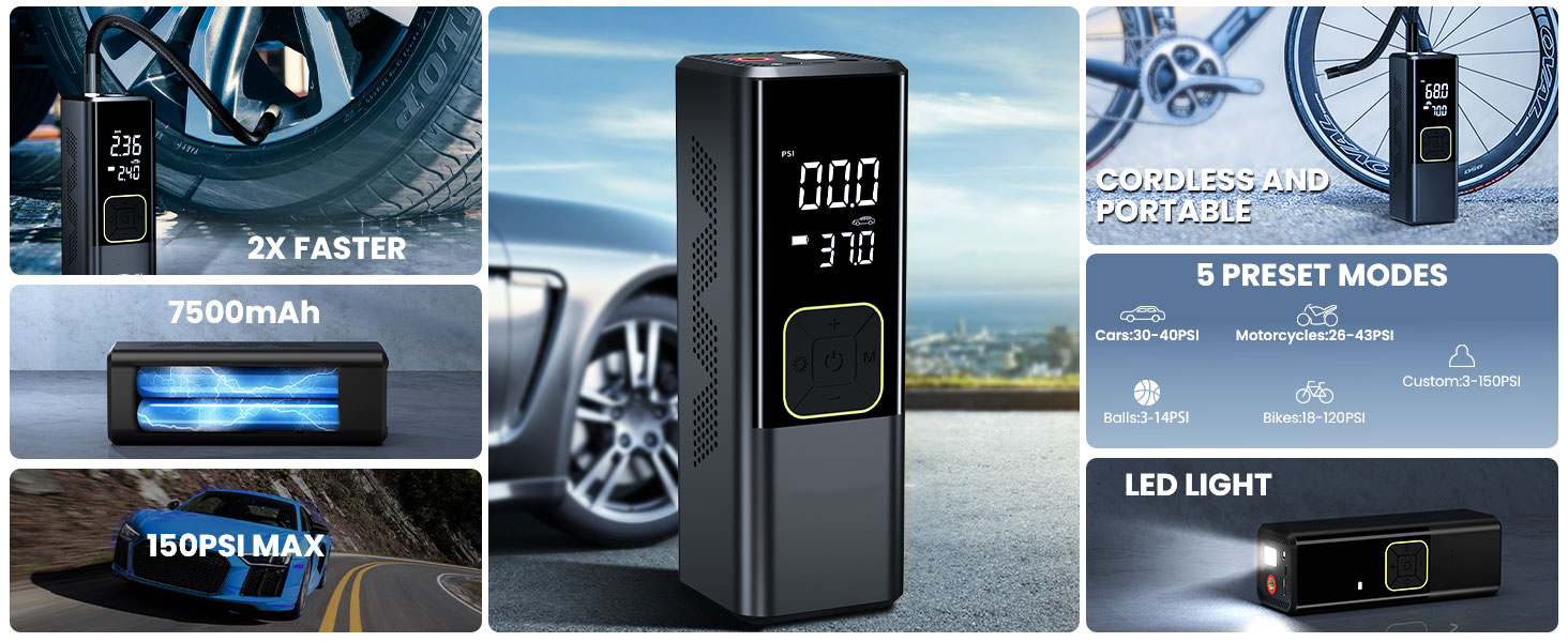 Tire Inflator Portable Air Compressor for Car Tires, 150 PSI