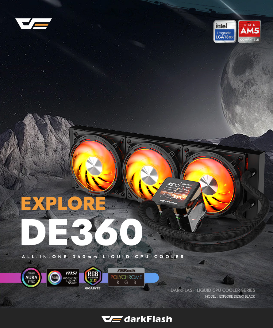 darkFlash DE360 360mm AIO Liquid CPU Cooler  2.88" IPS Display 5V ARGB Lighting Copper Water