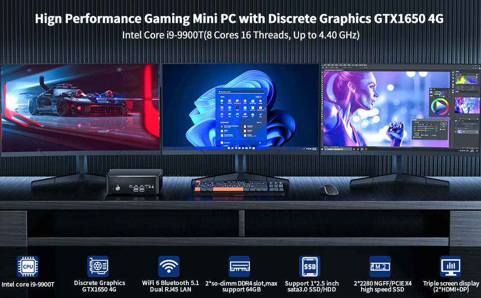 BOESIIPC Mini Gaming PC i9, Desktop Computer Core i9-9900T 2.1-4.4GHz,  Windows 11 Pro, 16G DDR4, 256G NVME SSD, GeForce MXM GTX1650 4G