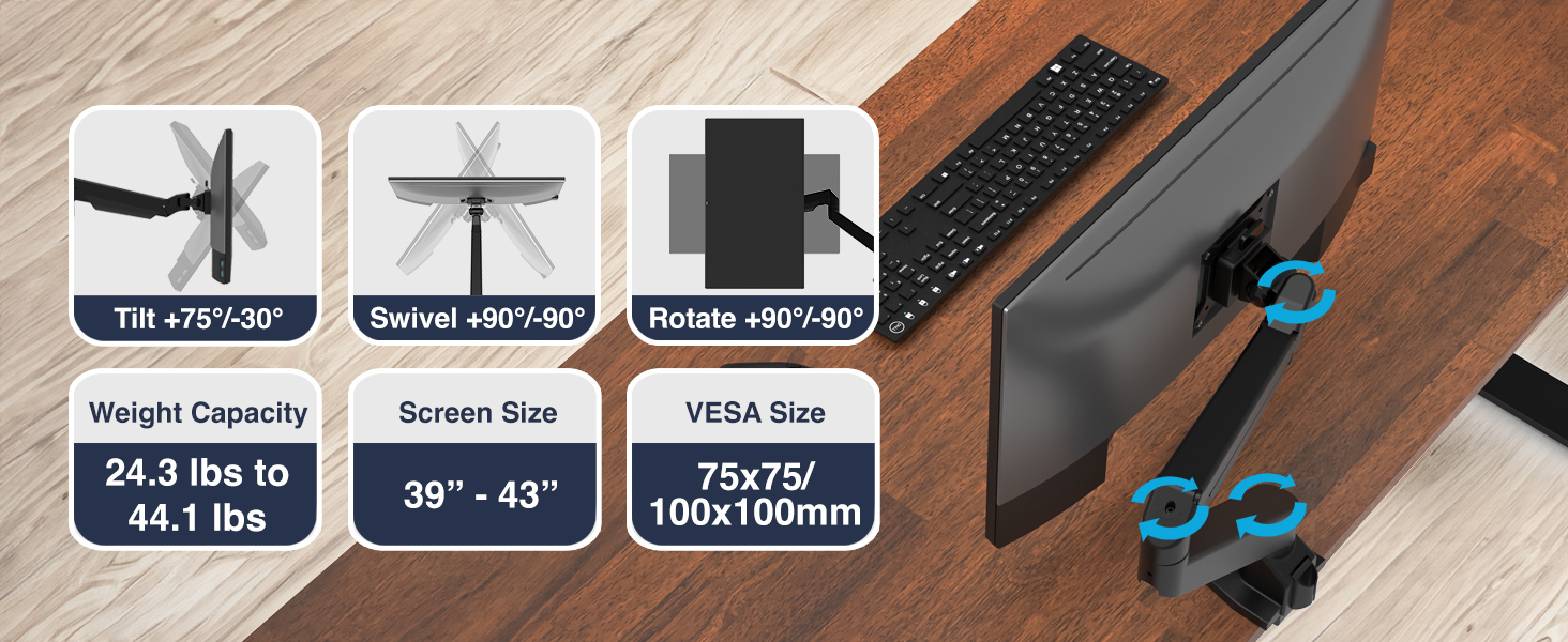 heavy duty single monitor arm, ergonomic mount for large screens, high capacity gas spring arm