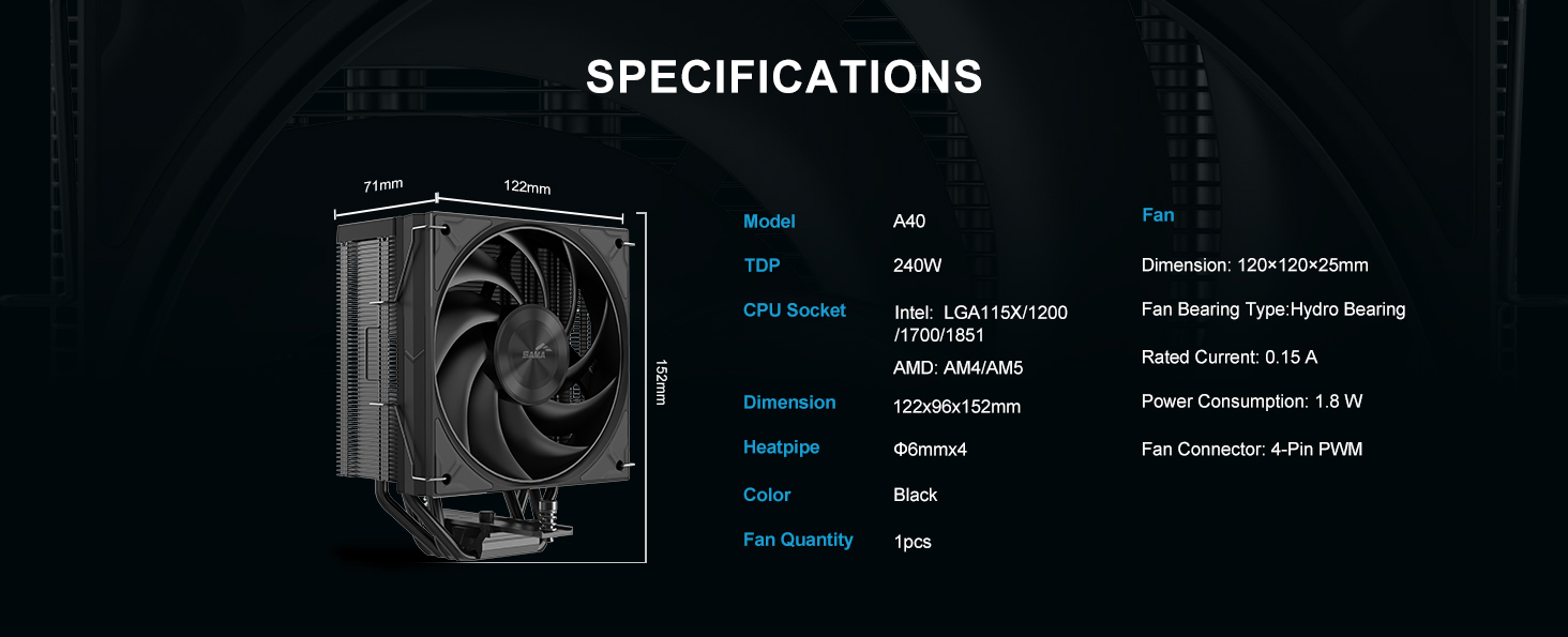 SAMA A40 Single-Tower CPU Air Cooler Black
