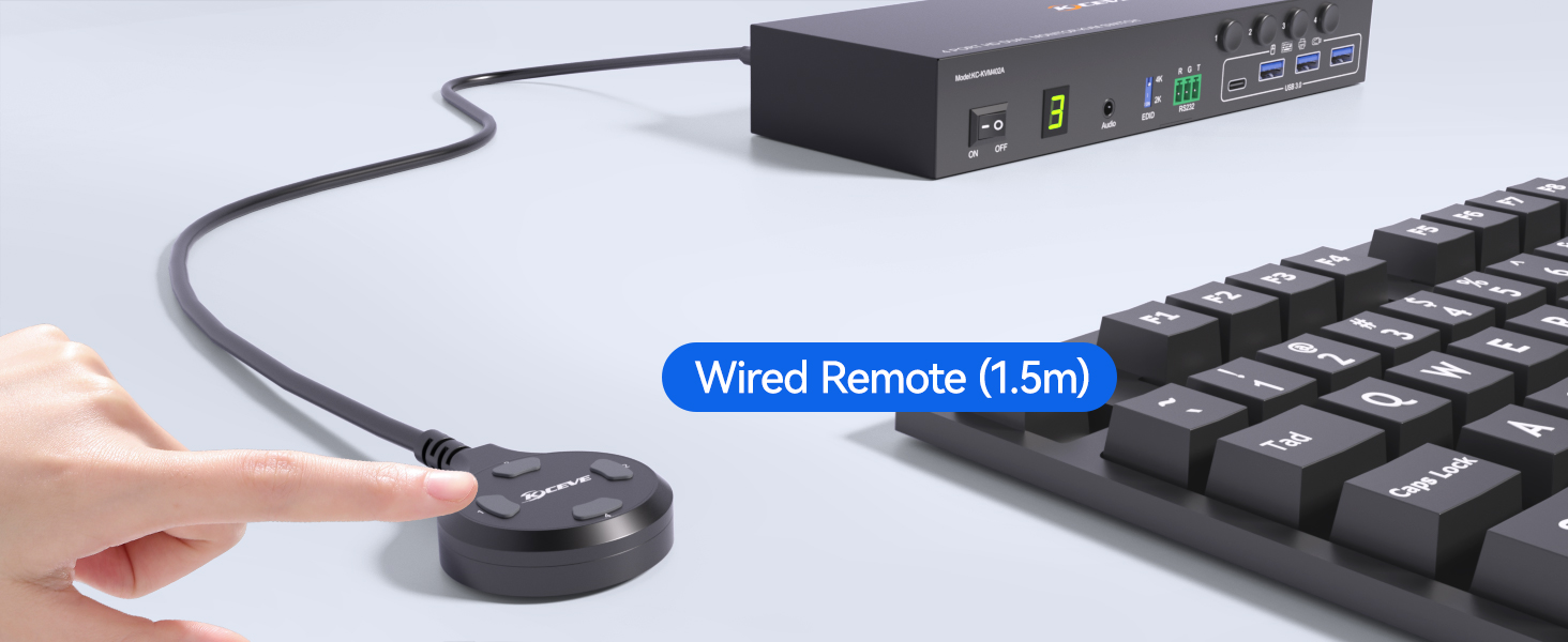 This dual monitor HDMI KVM switch features 3 switching modes: 1. 1.5m wired remote (included); 2. Pa