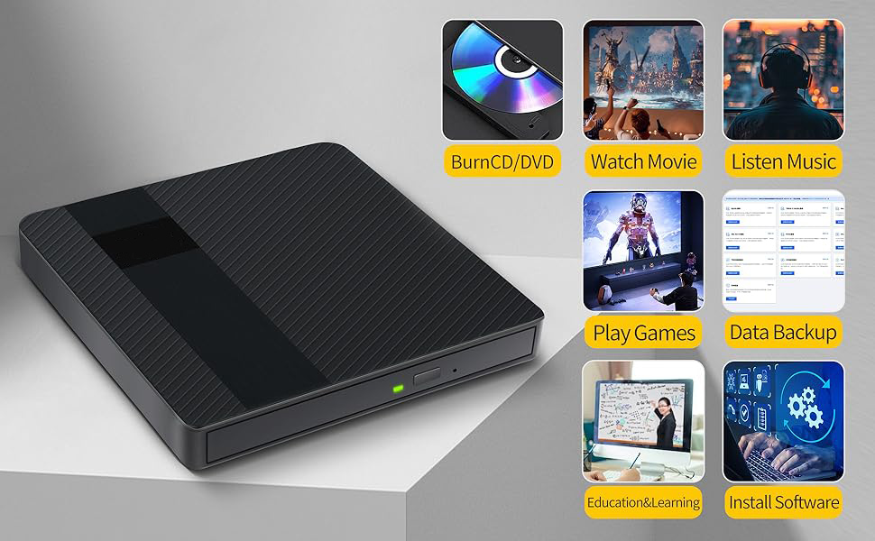 External CD/DVD Drive for Laptops, USB 3.0 & Type-C Portable DVD Player+/-RW Burner Writer Reader, E