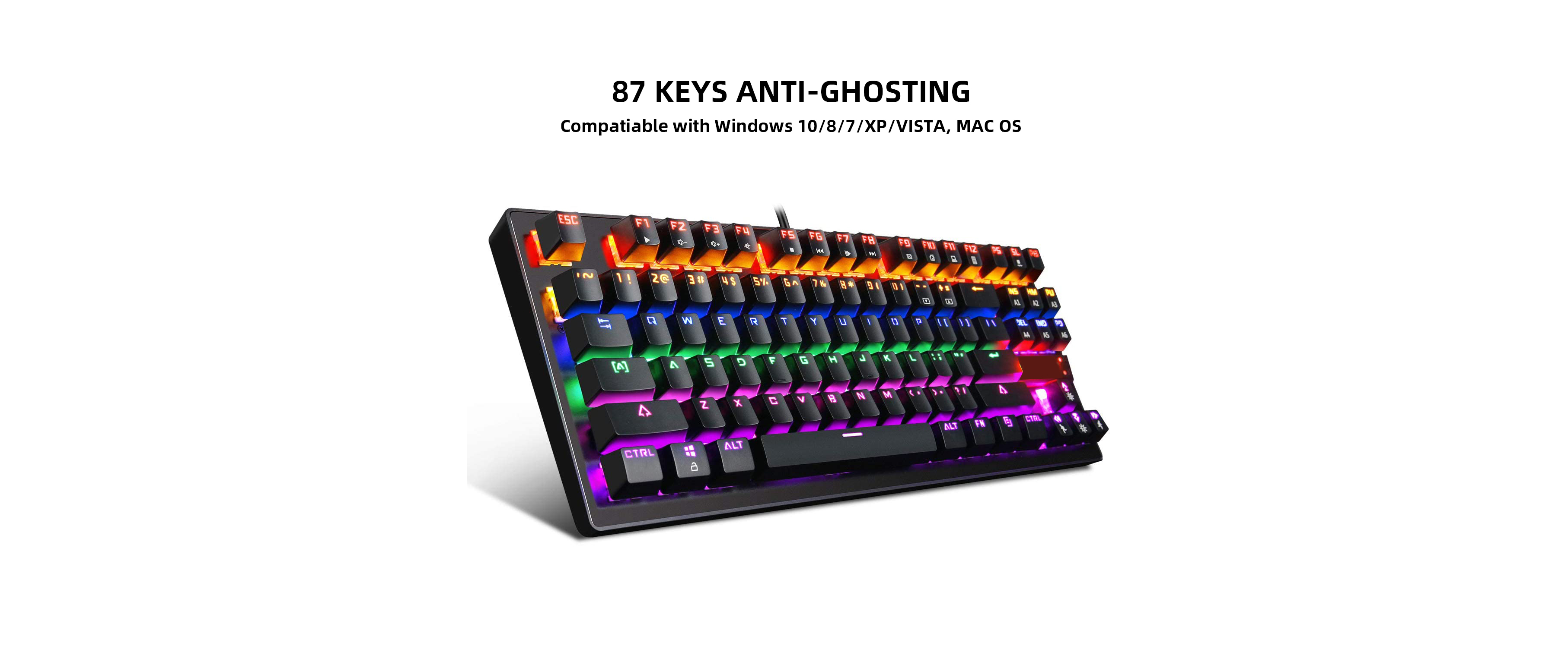 87 keys anti-ghosting gaming keyboard, RGB backlight, compatible Windows Mac OS