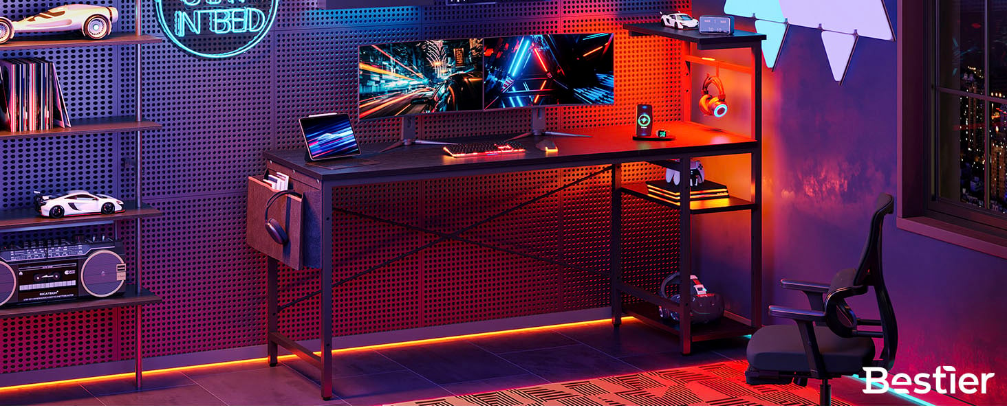 Bestier 61.3 Inch Gaming Desk, 4 Tier Shelf Computer Desk with LED