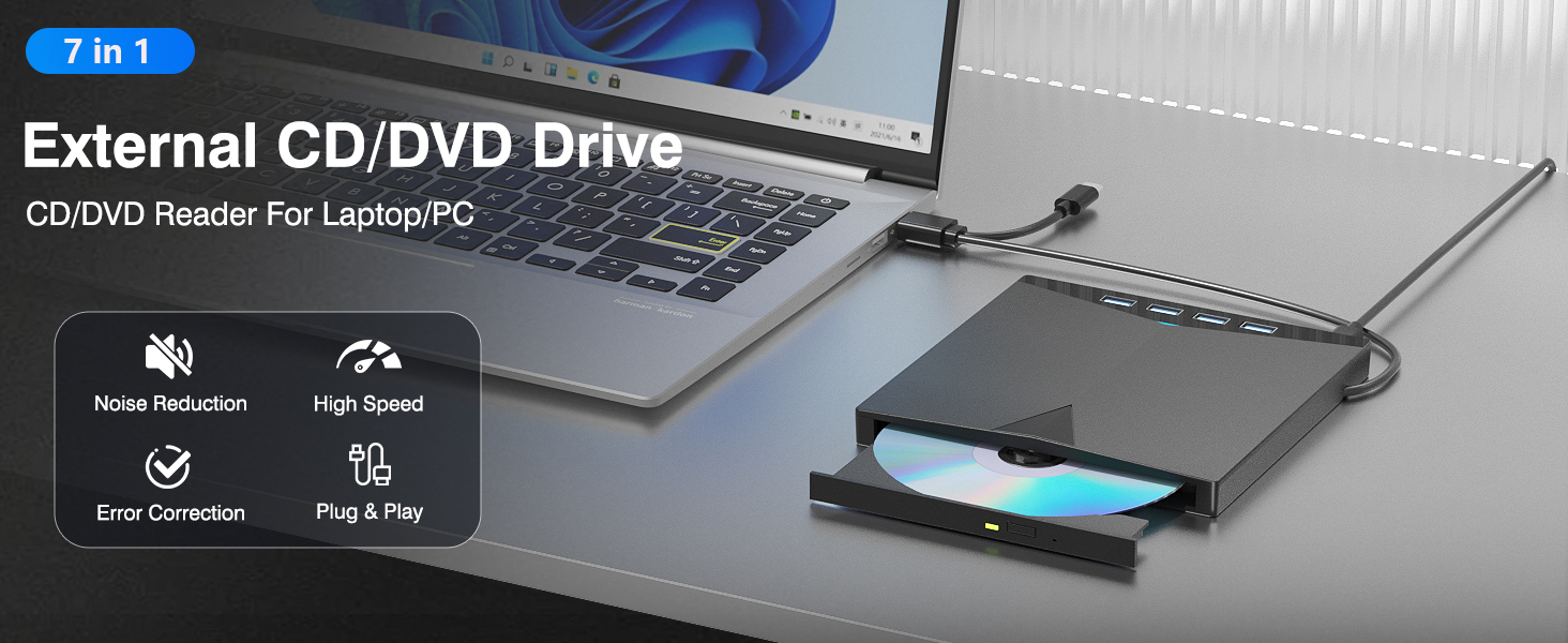 AUTYUE External CD/DVD Drive for Laptops PC, 7 IN 1 Portable DVD Drive CD Burner CD-ROM DVD-/+RW Wr