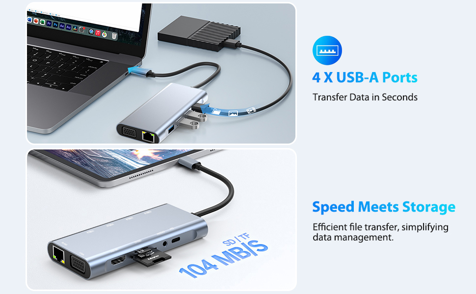 11-in-1 USB C Hub with PD 100W, 4K HDMI, VGA, Ethernet, 1 x USB 3.0, 3 x USB 2.0, SD/TF Card Reader