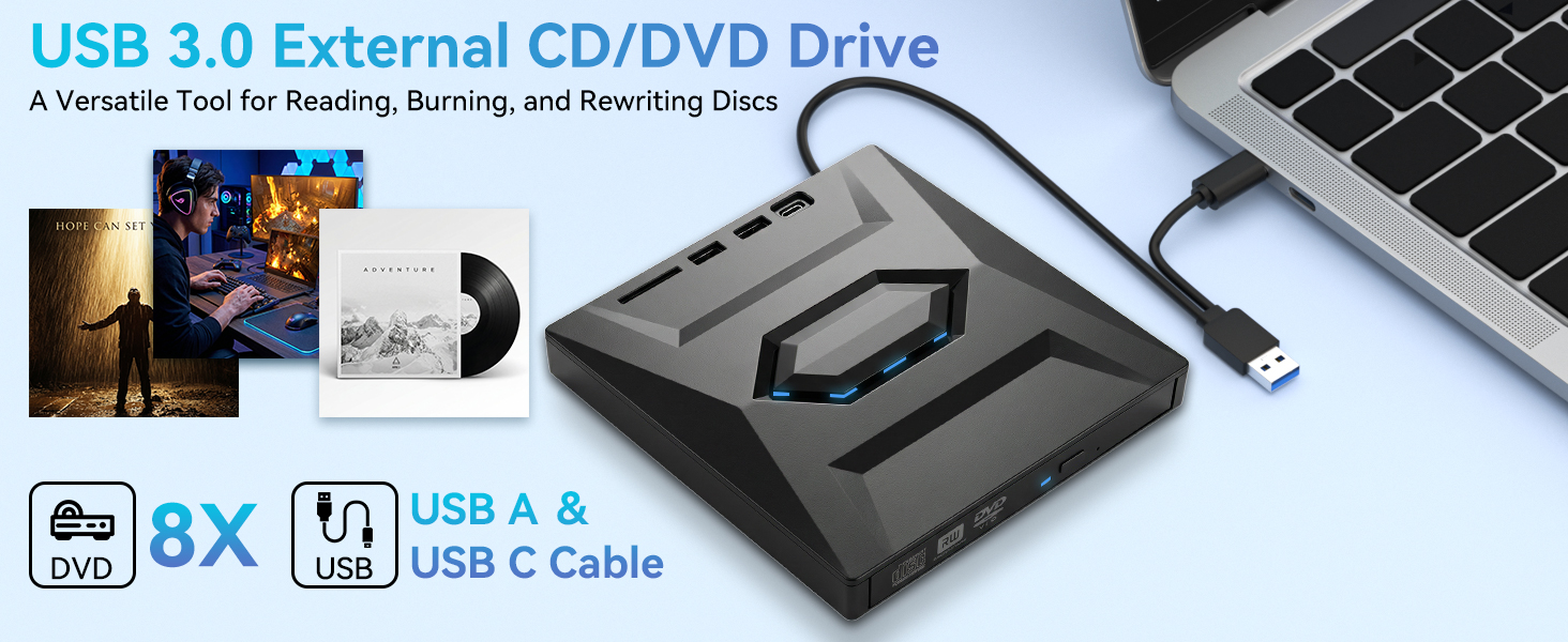 External CD DVD drive, 5-in-1 Multifunctional USB 3.0 Type C External DVD Drive, with SD/TF card rea