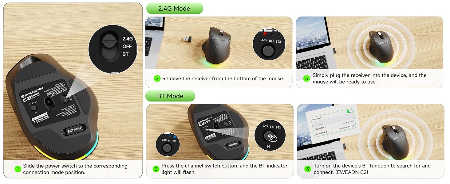 Ergonomic Wireless Mouse, 2.4G & Bluetooth Wireless Mouse for Laptop