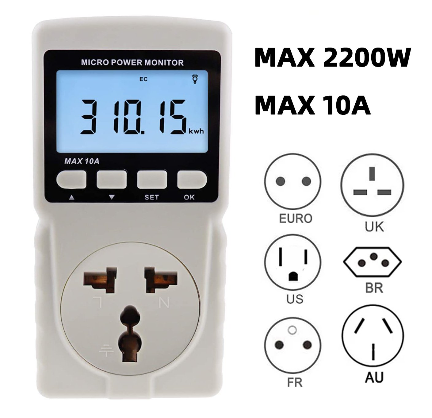 Generic AC Power Meter Digital Wattmeter Watt Energy Monitor Time Voltage  Display Socket Analyzer EU UK AU US BR FR IT Plug Backlight