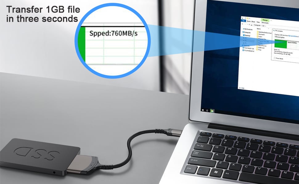 Get ultra-fast access to data by connecting a 2.5" SATA SSD/HDD to your laptop's USB-C port