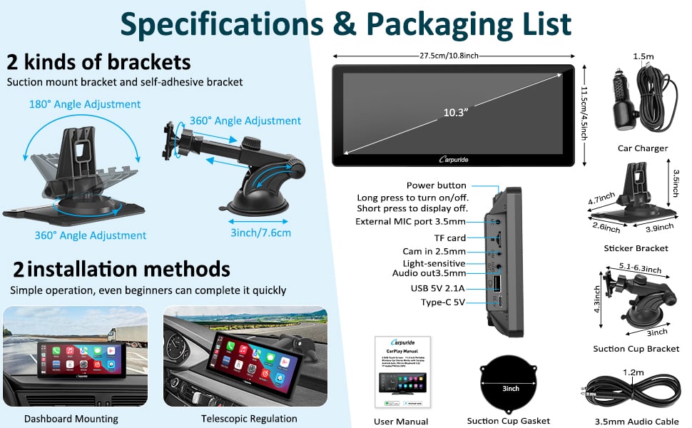 [2023 Newest ] Carpuride W103 Wireless Portable Apple Carplay & Android  Auto, 10.3 inch 1080P Touch Screen Car Stereo, Mirror  Link/GPS/Siri/FM/Google