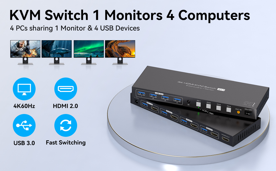 4 in 1 Out HDMI KVM Switch 4 Computers 1 Monitor, 4K@60Hz 4 Port HDMI USB 3.0 KVM Switches Support 4