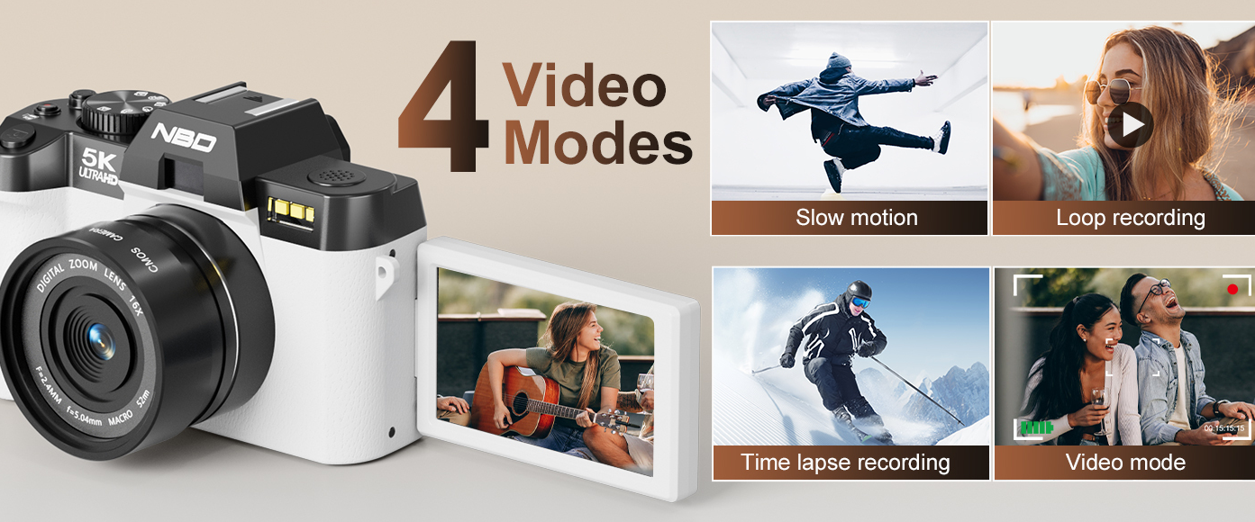 5K flip screen digital camera with four video modes slow motion time lapse loop recording