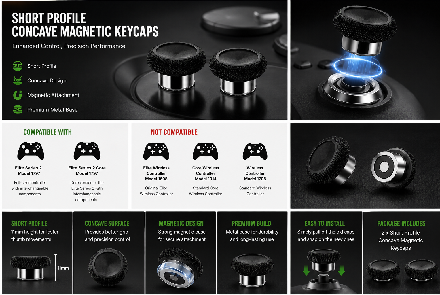 short profile thumbstick caps, concave thumbstick caps, magnetic thumbstick replacement