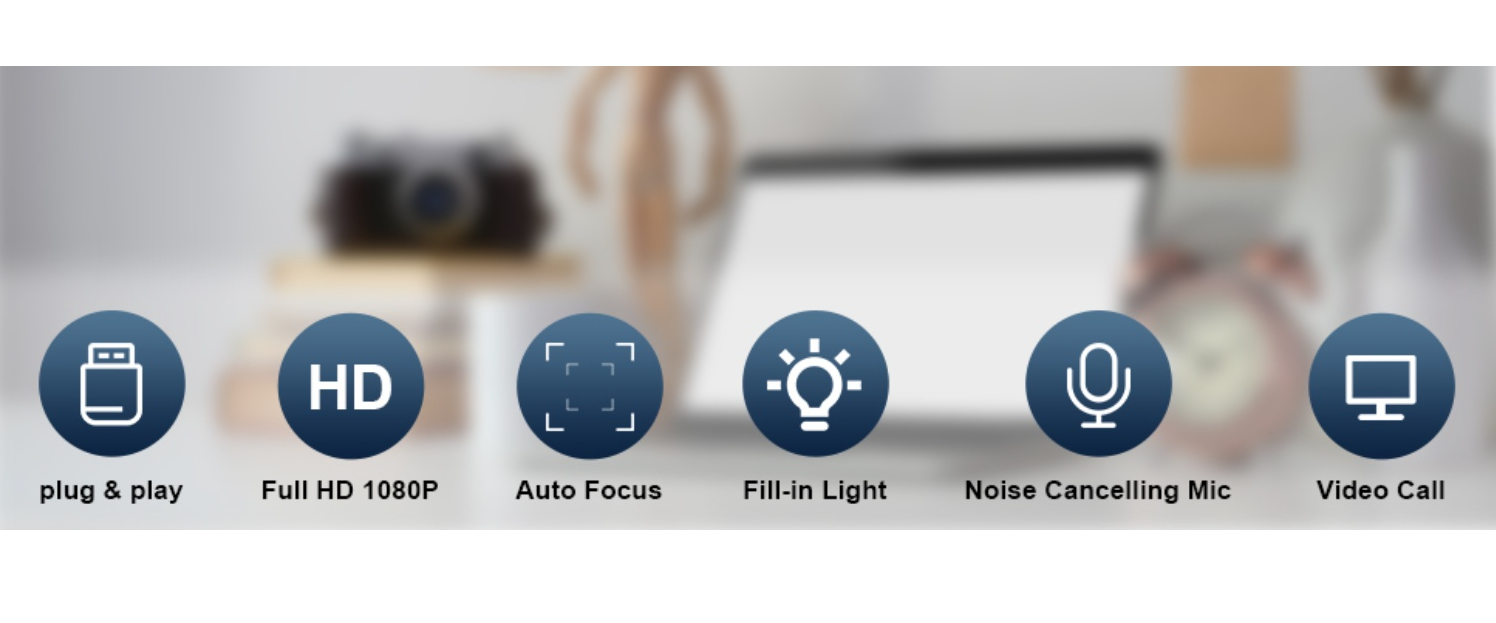 Plug & Play, 1080P, Auto Focus, Fill-in Light, Noise Cancelling Mic