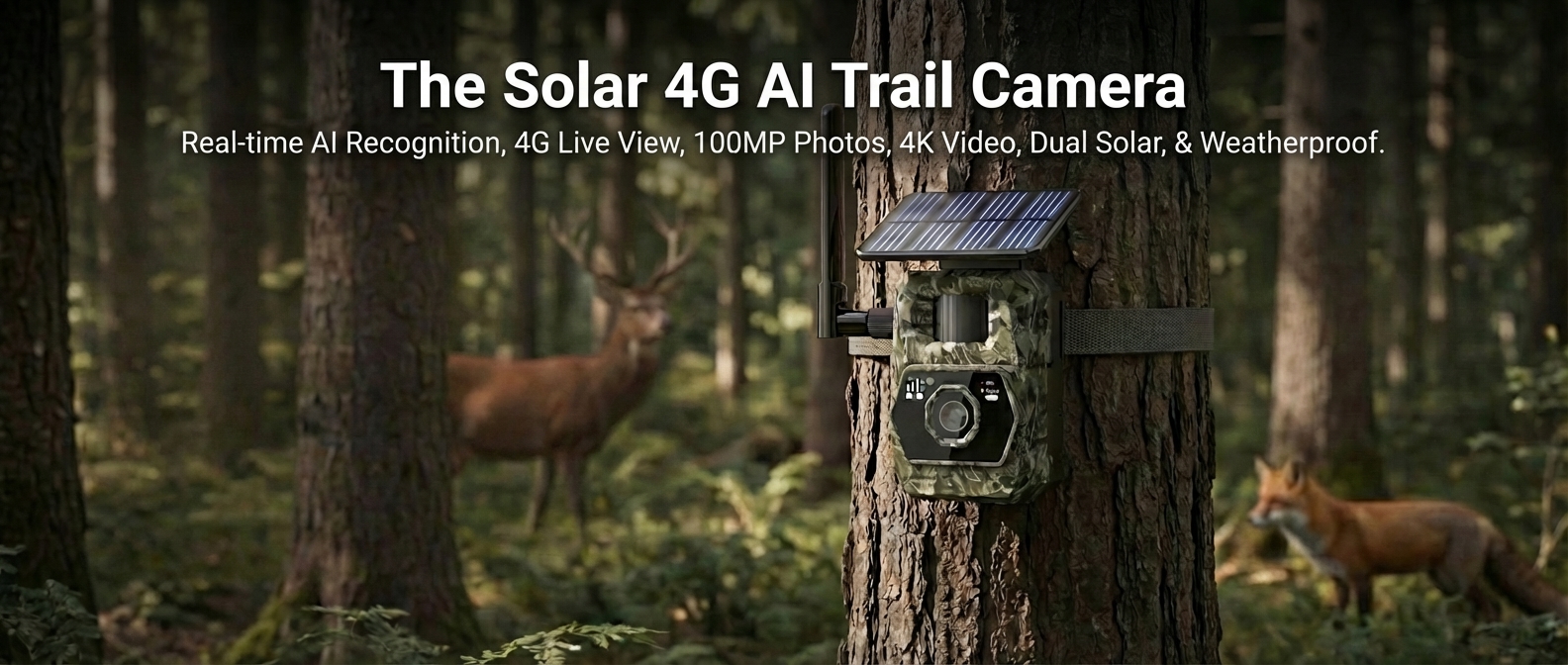 AI-powered 4G solar trail camera for wildlife monitoring with live view and outdoor durability