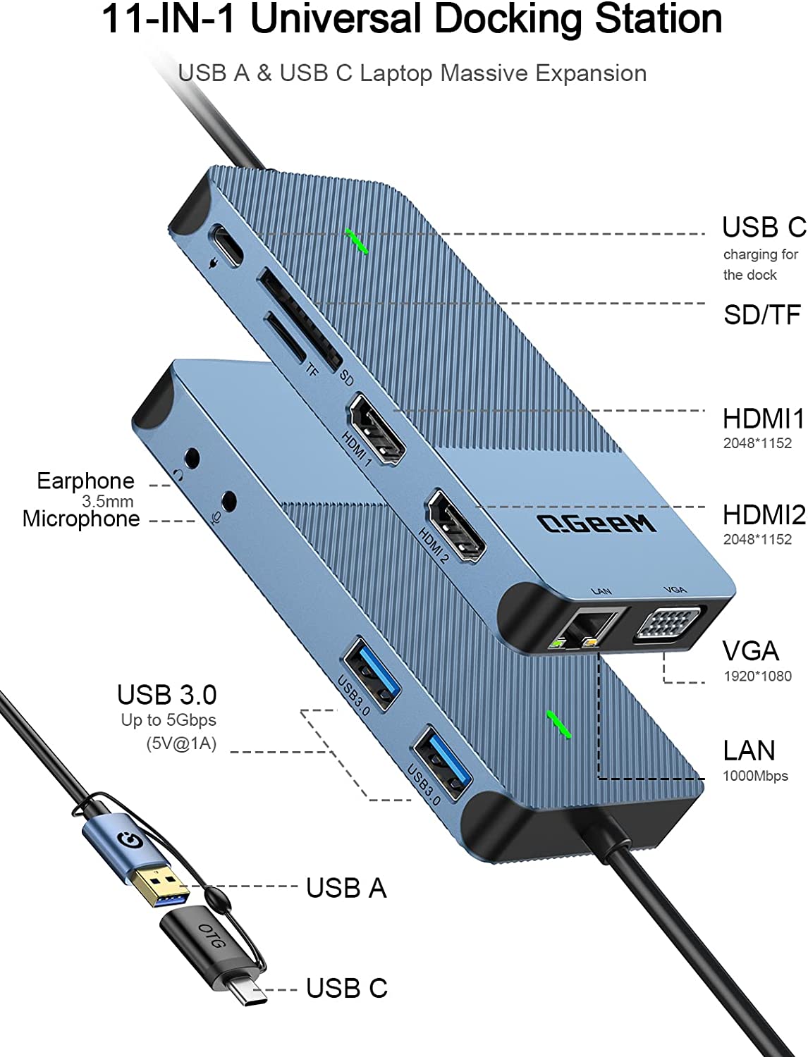 QGeeM USB 3.0 Docking Station, Triple Display USB Hub Dual HDMI