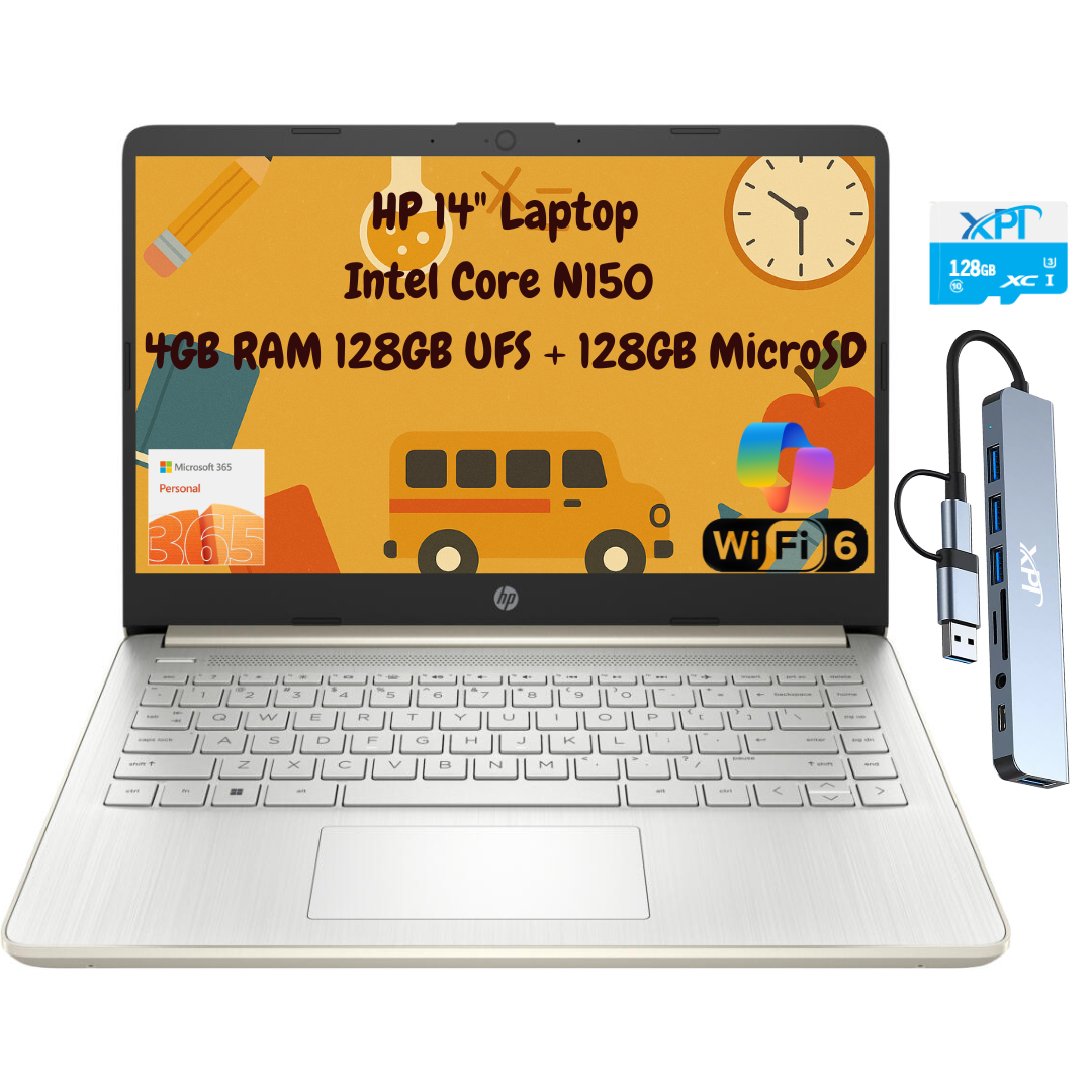HP 14 HD Intel N150 4GB 8GB 12GB RAM 128GB eMMC WiFi Student Personal Laptop Gold Copilot Windows 11