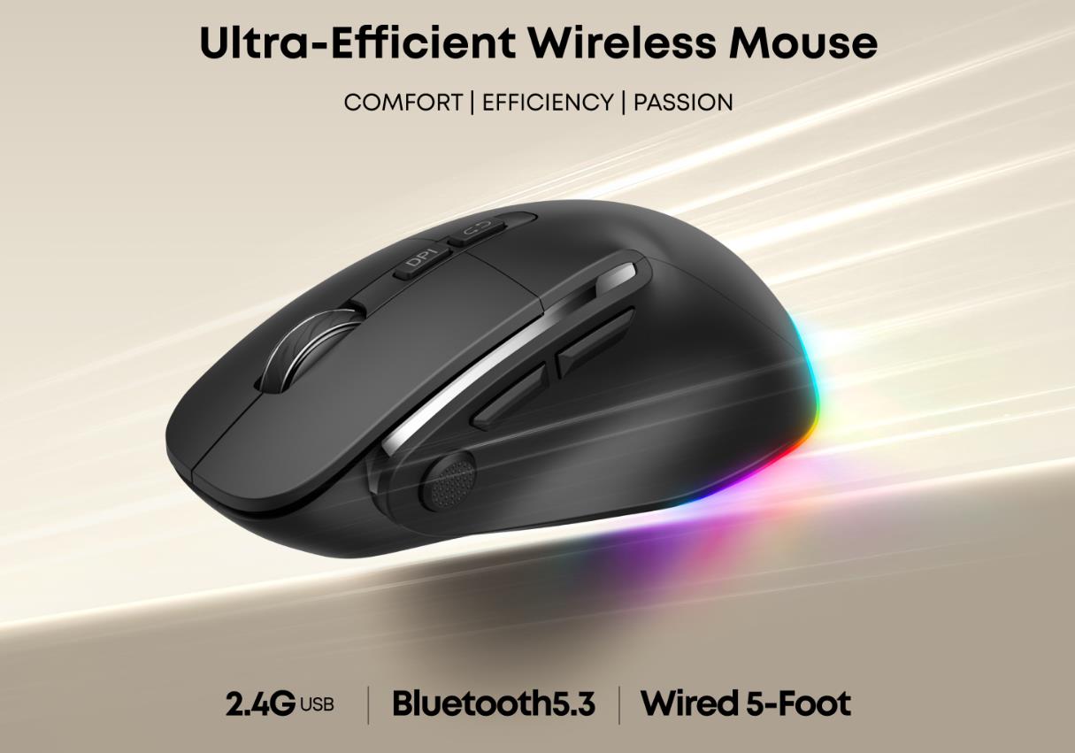 Ergonomic Rechargeable Mouse with Jiggler, Bluetooth + 2.4G Wireless + Wired (3 in 1) Connection, Ma
